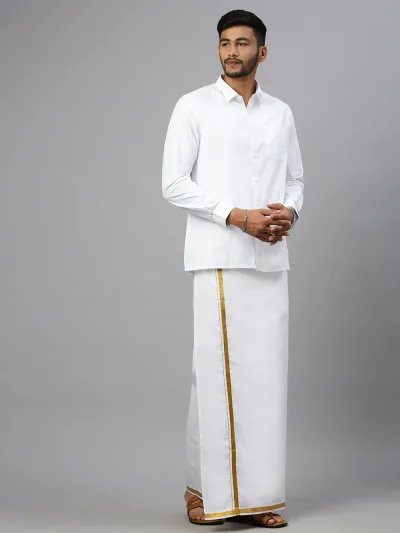 Men Wrinkle Free White Full Sleeves Shirt with inch Gold Jari Border Single Layer Dhoti Combo